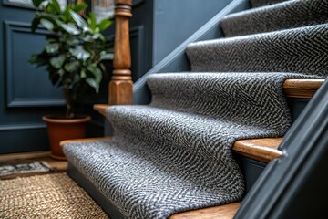 Elegant staircase featuring a textured gray carpet runner with a classic herringbone pattern Interior design and home decor details