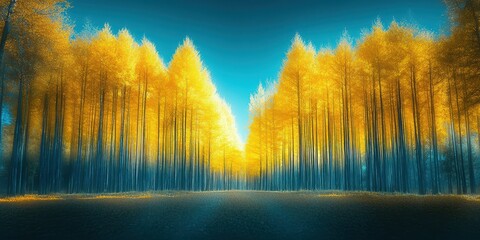 Golden autumn trees line a tranquil path under a bright blue sky at a serene forest location