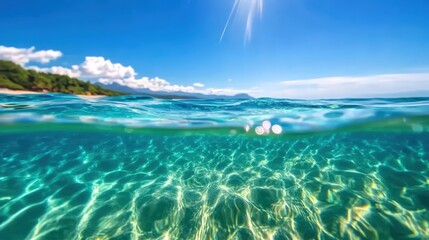 Obraz premium A stunning underwater view showcasing crystal clear ocean water, vibrant sunlight filtering through, and gentle waves creating mesmerizing patterns on the sandy seabed.