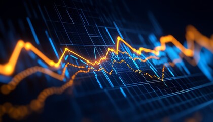 Glowing Neon Chart on Dark Background Depicting Market Trends and Financial Data Analysis.