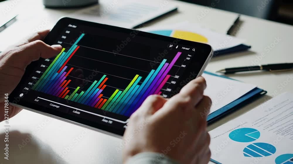 Poster Businessman examining colorful bar graphs on a tablet, analyzing financial data displayed on screen, with printed reports and charts visible on the desk, captured in slow motion