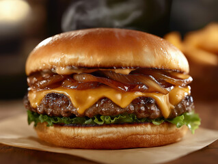 Delicious Cheeseburger with Melted Cheese and Crispy Fried Potatoes - Indulgent Fast Food Meal SEO-Optimized for Restaurant Appetite