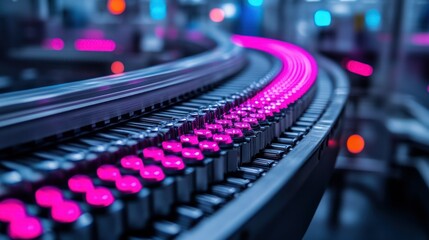Colorful Conveyor Belt with Neon Pink Lights in a Modern Factory Setting