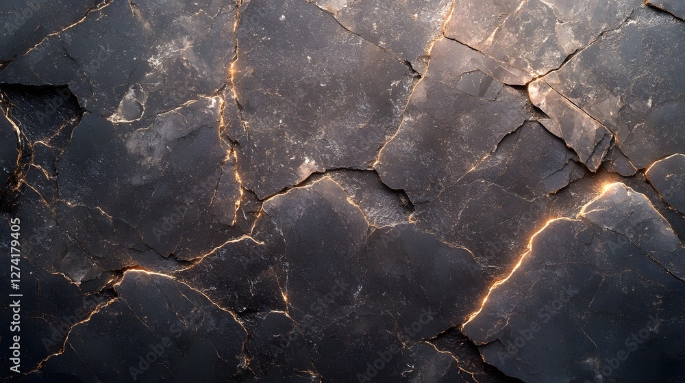 Poster abstract dark background featuring a detailed texture of cracked and fractured stone with glowing go