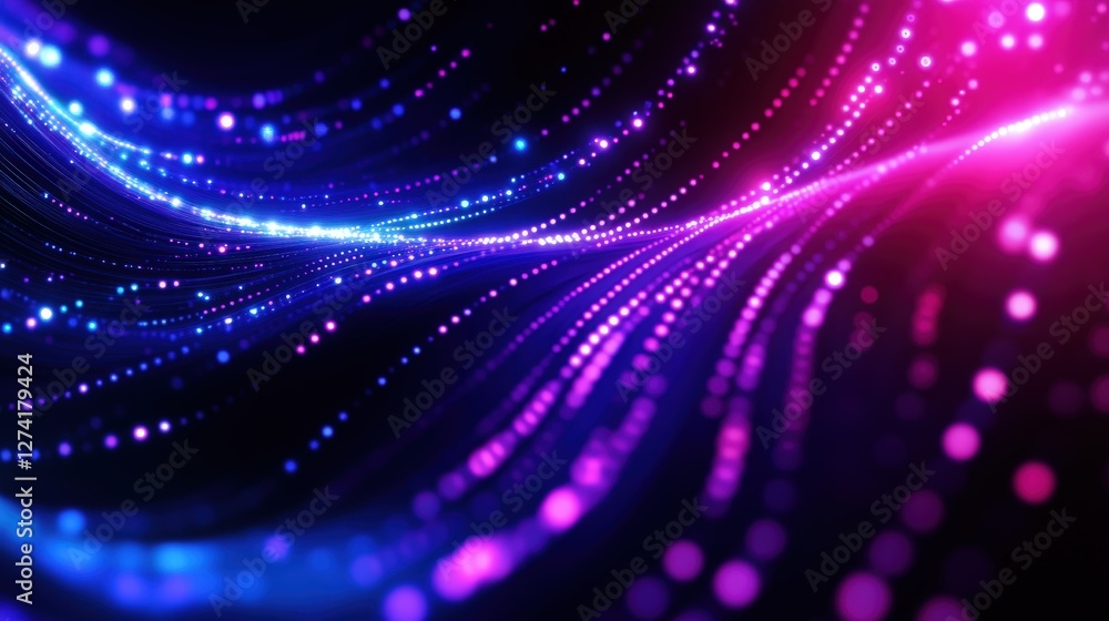Poster a vibrant wave of colorful light particles flowing gracefully across a dark background, creating a s