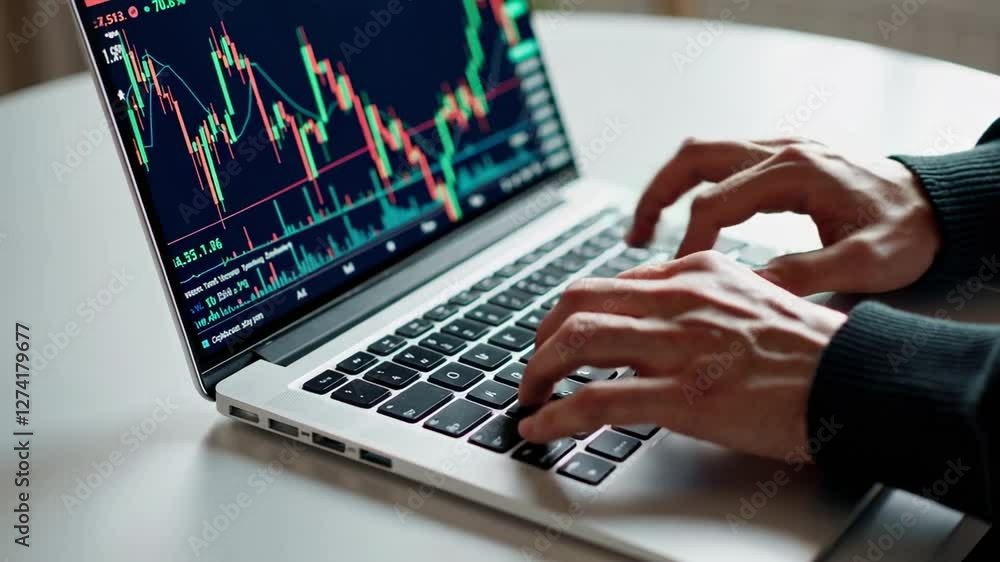 Poster close up slow motion montage of a stockbroker's hands rapidly typing on a laptop keyboard, analyzing