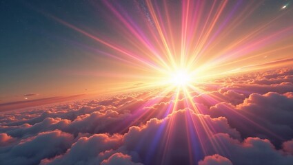 Hyper-Realistic Cosmic Flare Illustration, Kaleidoscopic Colors, Golden Horizon with Copy Space