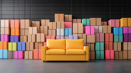 Obraz premium Small business owner's shop vibrant display of boxes and a cozy couch in urban environment