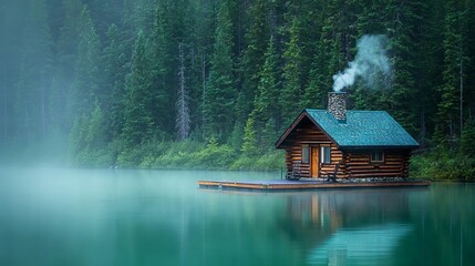 Fototapeta premium Cabin near a still lake, surrounded by autumn foliage and tall pines on a crisp morning