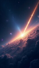 Golden Photon Beam Illustration, Ethereal Nebular Mist, Celestial Expanse in Deep Blues and Purples with Copy Space