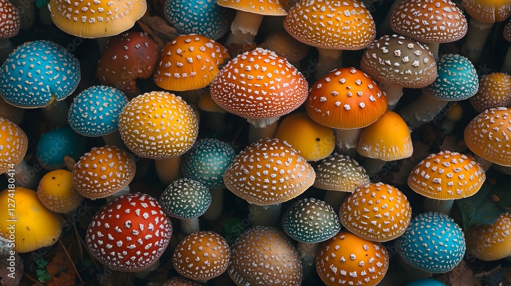 Poster a stunning close-up of colorful mushrooms in a forest setting during autumn. diverse species and vib