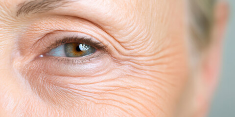 Fototapeta premium Close-up of Eye and Facial Skin Texture Showing Wrinkles