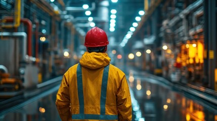 Fototapeta premium Yellow Safety Jacket Worker in Industrial Environment with Machinery and Bright Lights