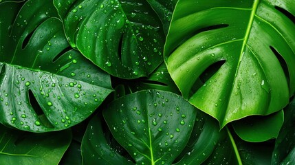 Fototapeta premium A close-up view of lush green leaves, showcasing their texture and vibrant colors. Water droplets resting on the leaves add a refreshing touch to this beautiful natural scene.