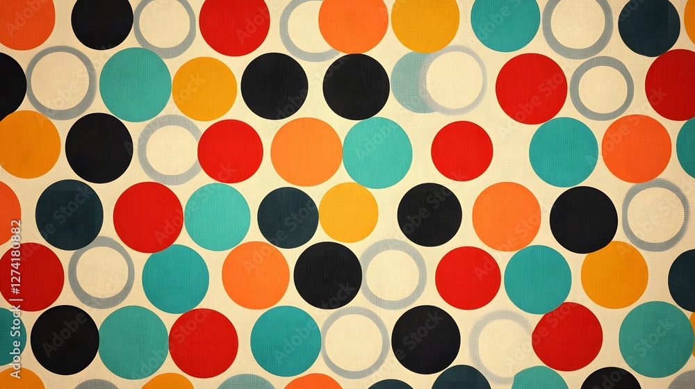 Poster A captivating abstract design featuring a vibrant retro polka dot pattern. Colorful circles create a dynamic and stylish texture. Vibrant Retro Polka Dot Pattern: A Colorful Abstract Design