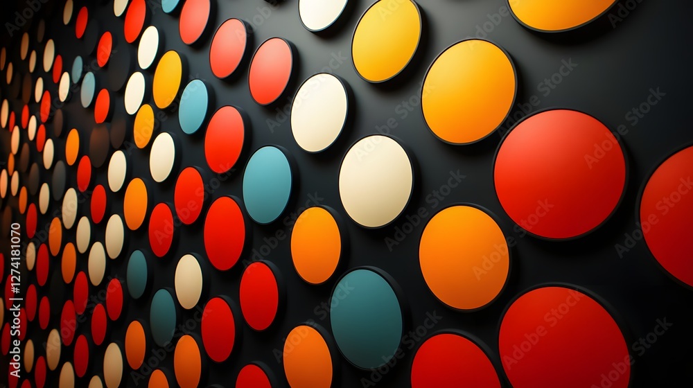 Poster an abstract artwork featuring colorful circles arranged on a dark wall, creating a visually appealin