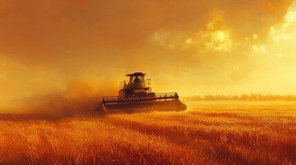 Fototapeta premium Combine harvester working in wheat field at sunset, dramatic lighting and harvest in progress
