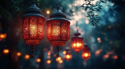 Obraz premium Enchanted Ramadan Night: Glowing Lanterns in a Mystical Garden