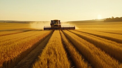 Obraz premium Combine harvester working in wheat field during sunset, cutting crops in evening light
