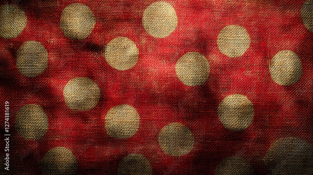 Poster close-up of red burlap fabric with beige polka dots. rustic and textured background. red burlap fabr