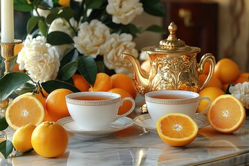 Elegant tea service with oranges and flowers creates a sophisticated and inviting atmosphere The gold teapot enhances the luxurious feel