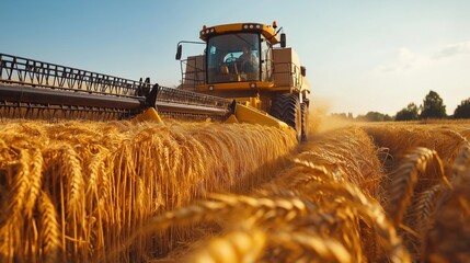 Obraz premium Combine harvester operating in wheat field under clear sky, harvesting crops efficiently