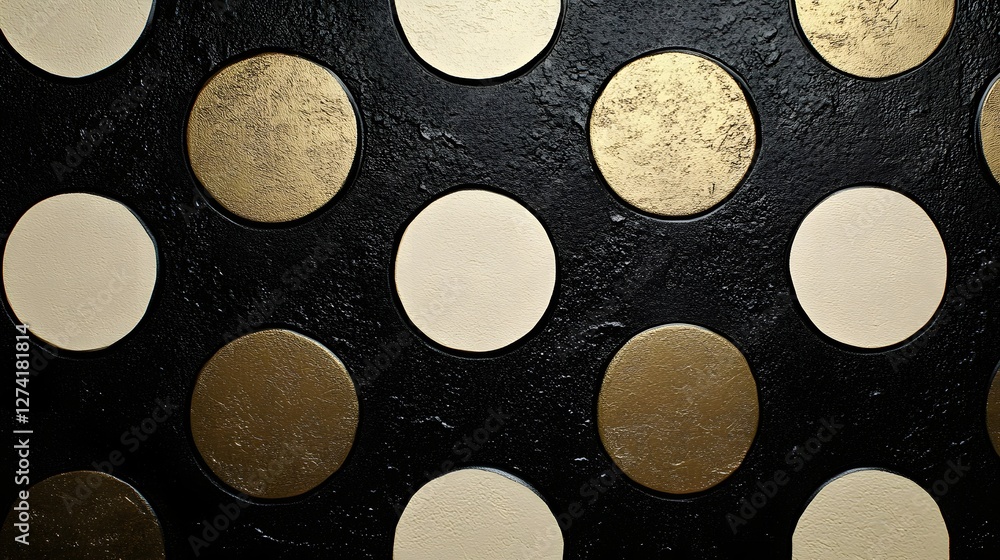 Poster Abstract image featuring a repeating pattern of gold and cream circles on a black textured background. Elegant and modern design. Elegant Abstract Gold and Cream Circles on Black Textured Background
