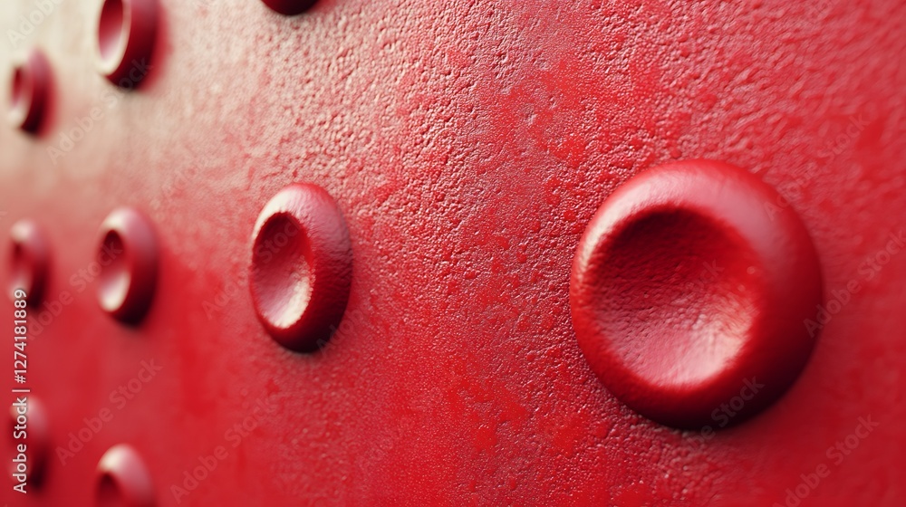 Poster Close-up view of a textured red surface featuring numerous concave circular patterns. The image is abstract and focuses on the intricate details of the surface. Abstract Red Texture Circular Patterns