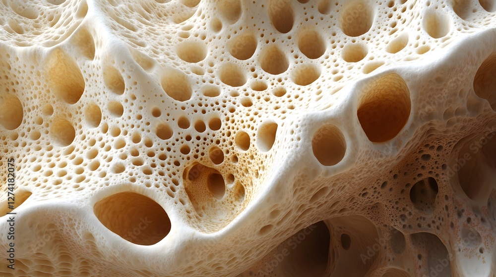 Poster close-up view of an abstract, beige, honeycomb-like texture. the image shows a detailed, porous surf