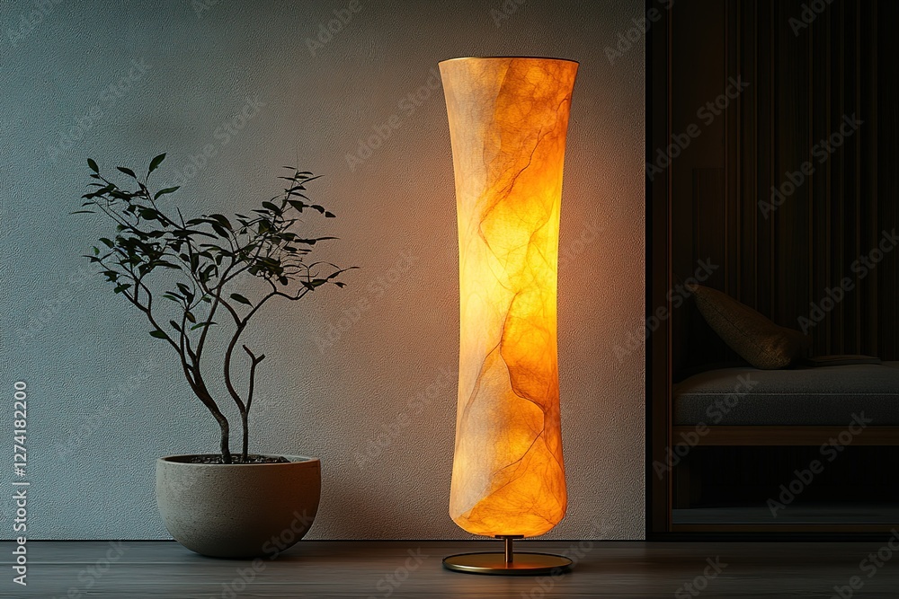 Poster illuminated translucent floor lamp casting a warm glow complemented by a small potted plant in a sim