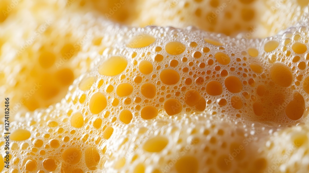 Poster Close-up macro shot of orange colored foam with many bubbles. Abstract texture and pattern. Macro Photography of Orange Foam Texture