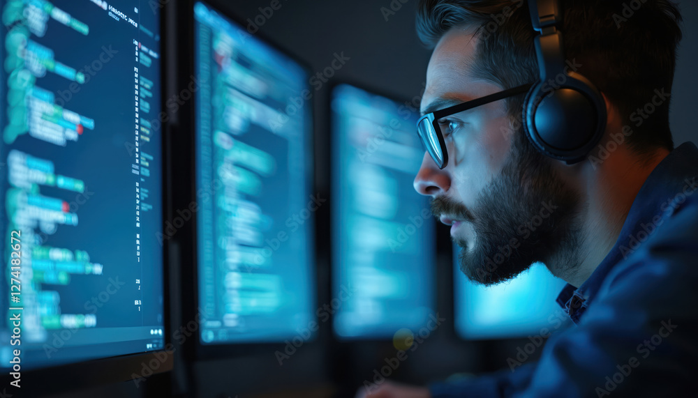 Poster cybersecurity analyst reviews code on multiple monitors in modern soc. close-up on security engineer