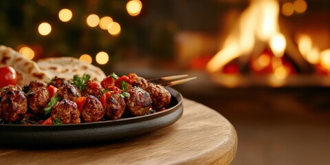 food photography, presentation of kebab kofta skewers on a wooden table with warm, earthy tones and a cozy, inviting atmosphere ideal for text placement