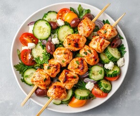 Grilled chicken skewers with greek salad of cucumbers, tomatoes, olives, and feta cheese