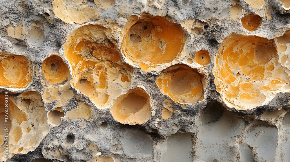 Poster close-up view of a fascinating rock surface with numerous irregular holes and cavities, featuring a 