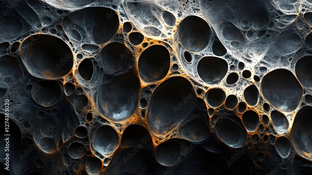 Poster a digital rendering of an abstract vesicular rock formation, showcasing intricate details and a uniq