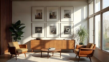 A Gallery of Light and Design Exploring a Bright Living Room with a Carefully Curated Gallery Wall and Mid-Century Modern Decor.