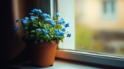 copy space photo of potted forget-me-not flower plant by the window