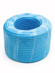 Plastic corrugated pipe isolated on a white background. Packaging stretch film.