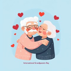 International Grandparents' Day vector flat illustration with an elderly couple hugging and smiling, surrounded by hearts on a light blue background, in a cute cartoon style with pastel colors.