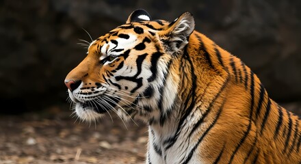 Naklejka premium Majestic Tiger in the Wild: Close-Up Portrait of a Fierce Predator in Natural Habitat, Perfect for Wildlife and Nature Themes