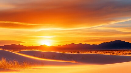 A stunning view of a desert landscape at sunset, showcasing vibrant colors in the sky and soft dunes in the foreground, creating a serene and tranquil atmosphere.