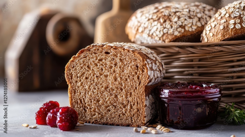 Poster sliced oat bread with raspberry jam and berries