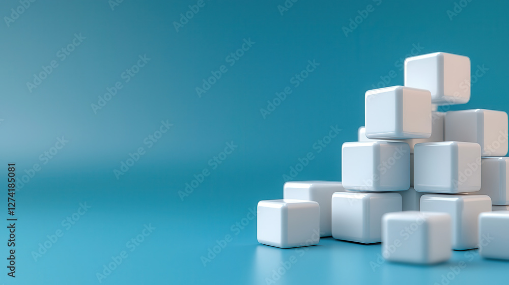 Poster stack of white 3D cubes is arranged on smooth blue surface, creating minimalist and balanced composition. cubes glossy texture contrasts with matte background, enhancing visual appeal