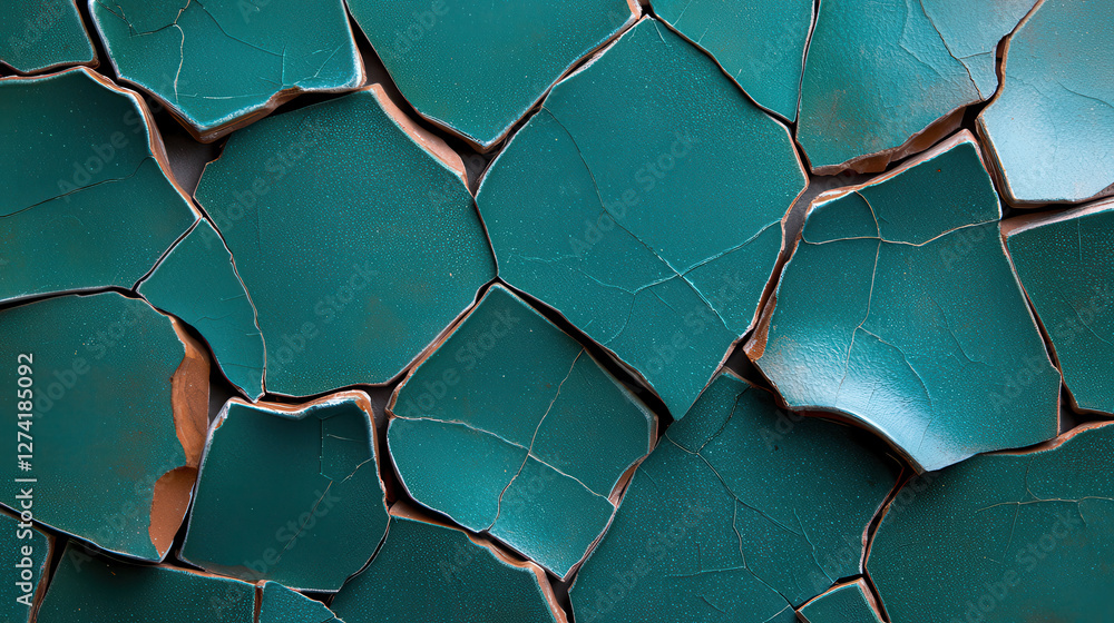 Fototapete aged ceramic tiles with cracked edges form abstract pattern, showcasing rich teal color and intricat
