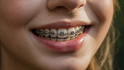 Dirty teeth of a smiling girl with braces on her teeth close-up