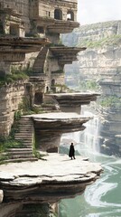 Cliffside City with Waterfall and Lone Figure.