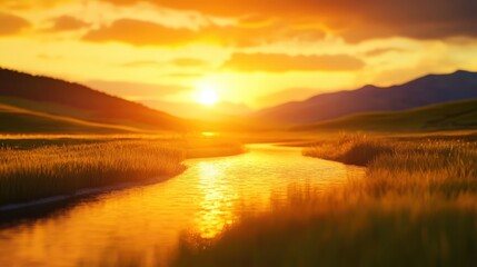 Obraz premium A tranquil sunset over a winding river, reflecting golden hues in the water. Lush green fields embrace the riverbank, enveloping the scene in a serene and relaxing ambiance.
