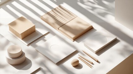 Minimalist branding mockup with soft lighting and wooden elements