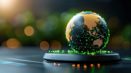 3D holographic globe with bright green network connections and glowing nodes on dark surface, symbolizing global connectivity and technology